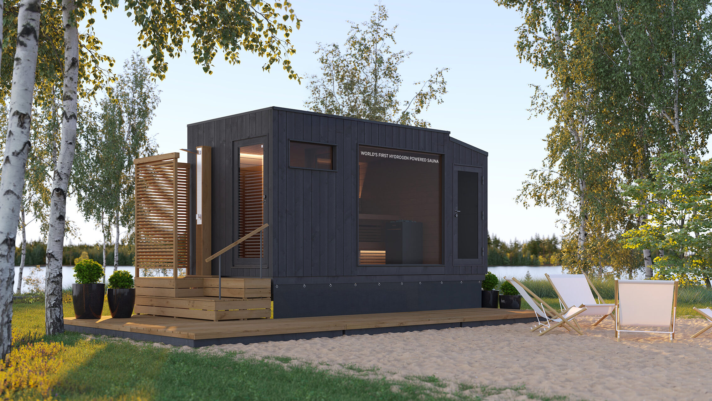 Box-shaped hydrogen sauna by the lake