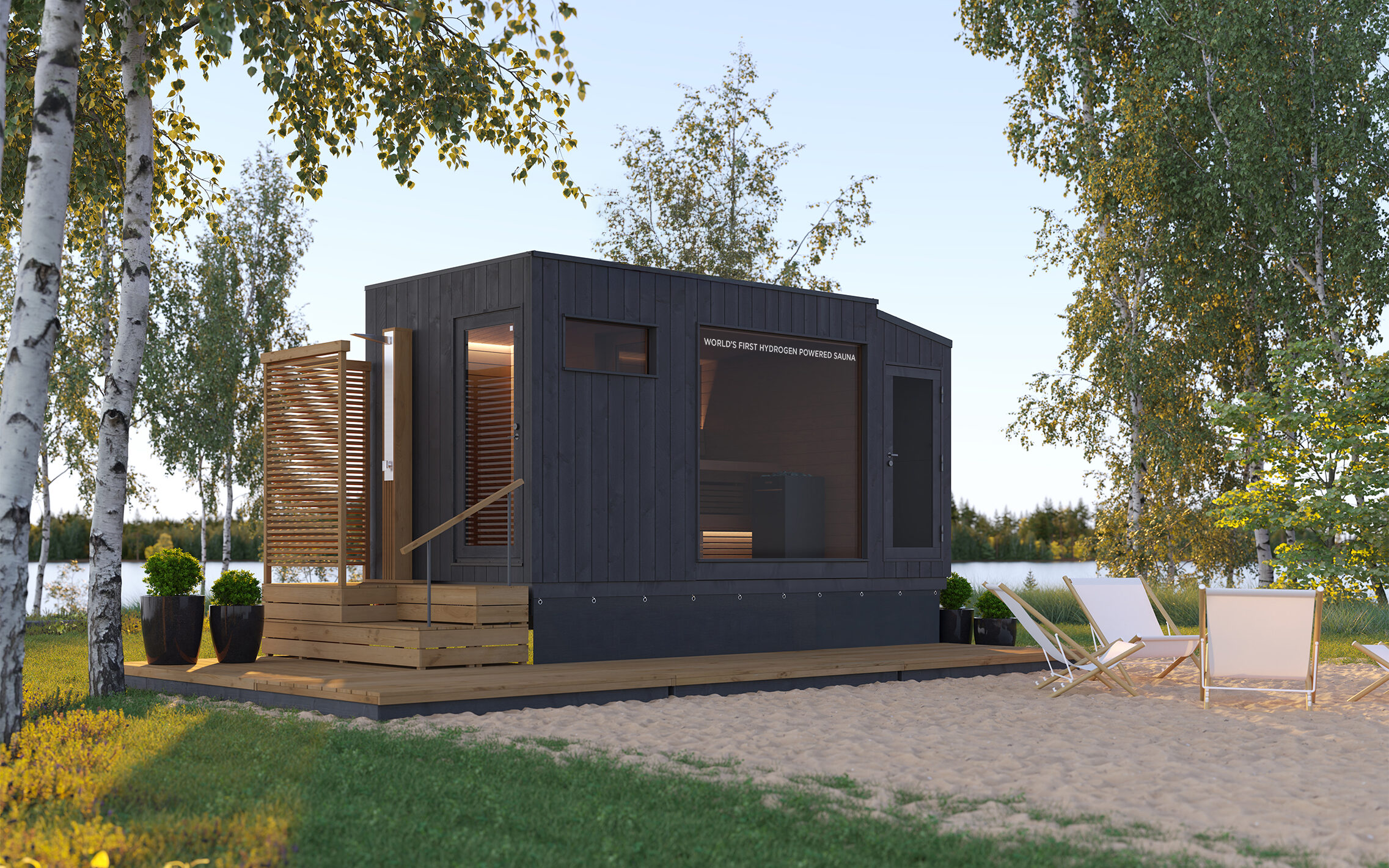 Box-shaped hydrogen sauna by the lake