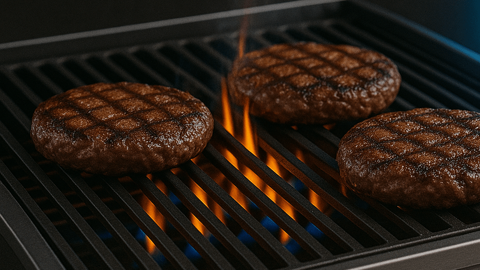 Ground meat is being cooked on the grill.