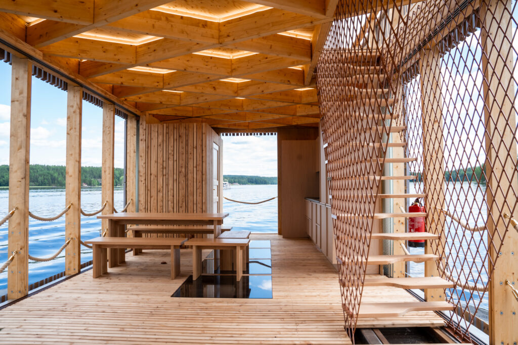 Interior of the hydrogen-powered sauna boat showing the sauna and lounge area